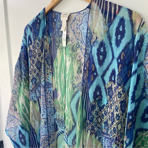 Chico’s Blue Green Ikat Sheer Kimono Open Front Top Small/Medium - Picture 2 of 5